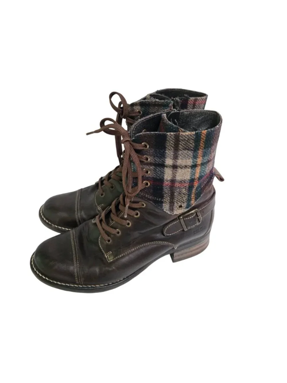 Taos Crave Chocolate Plaid Boot Lace Up Leather Flannel Quality Size 41/10-10.5
